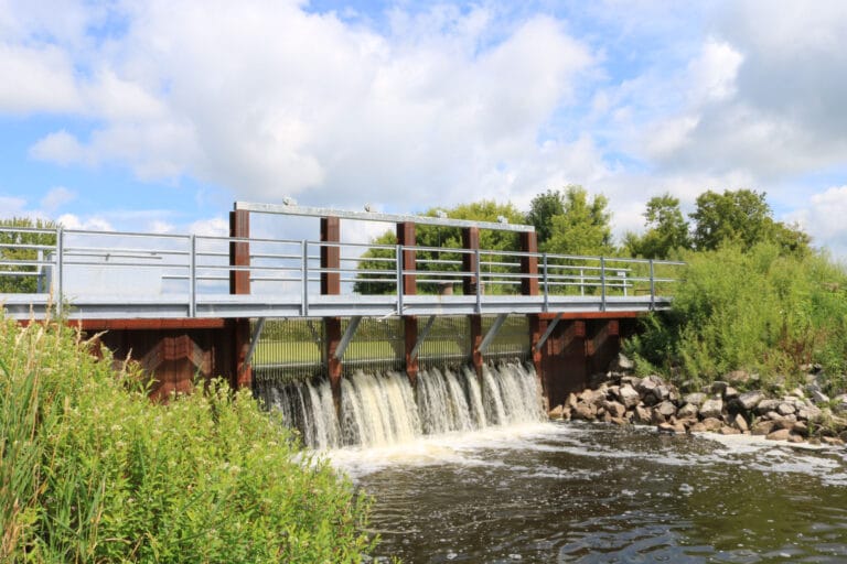 Completed photo of the High Island Creek Lake Outlet Replacement project Taken summer 2025.